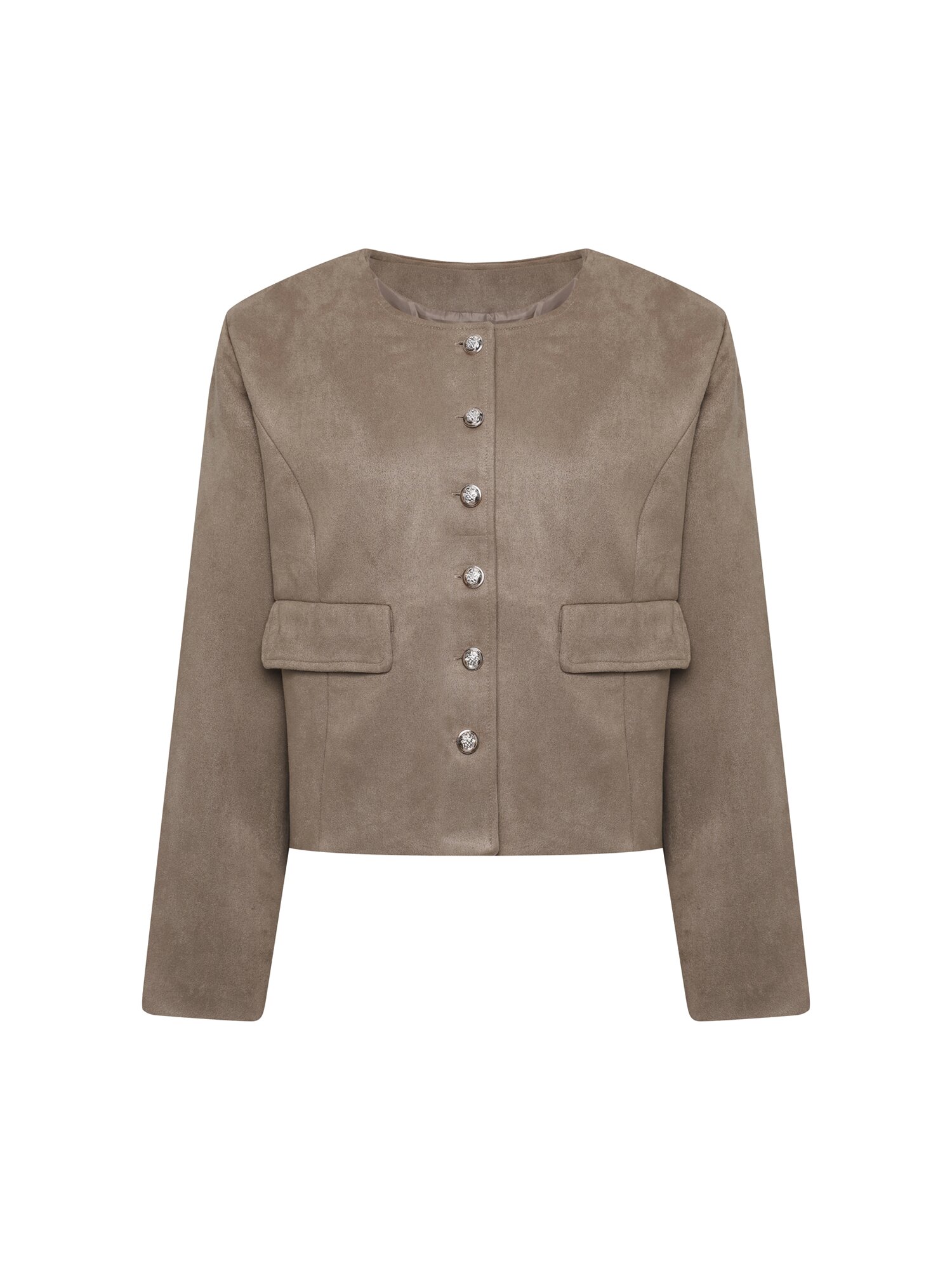 페이크 스웨이드 라운드넥 크롭 재킷 (KHAKI)