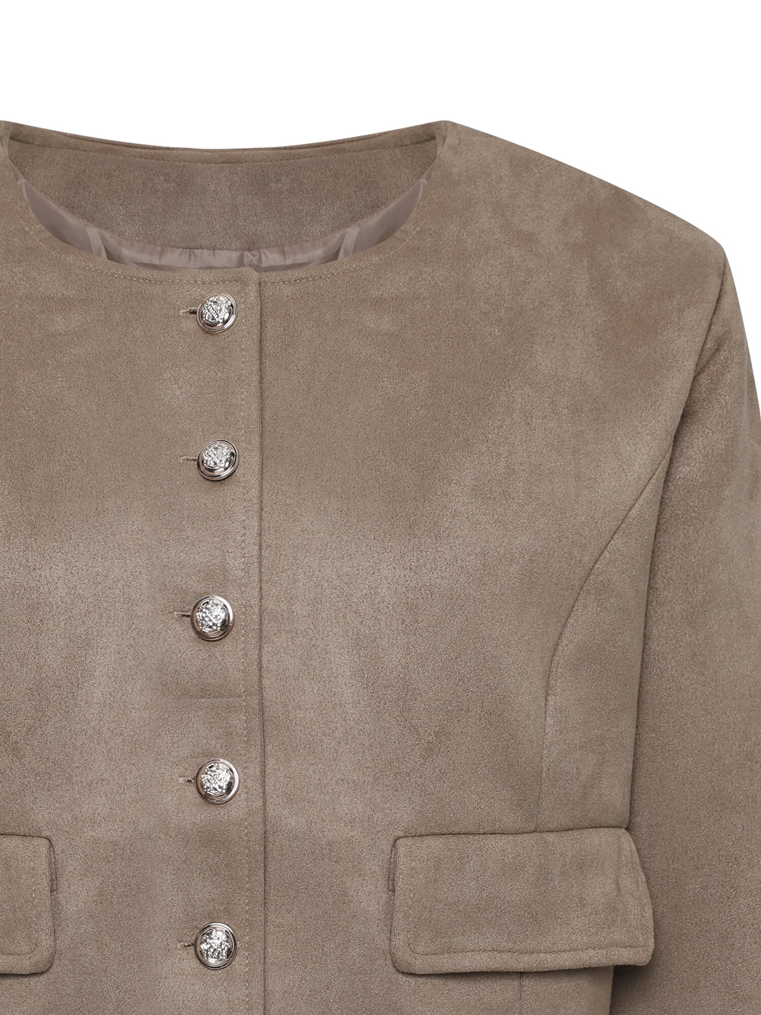 페이크 스웨이드 라운드넥 크롭 재킷 (KHAKI)