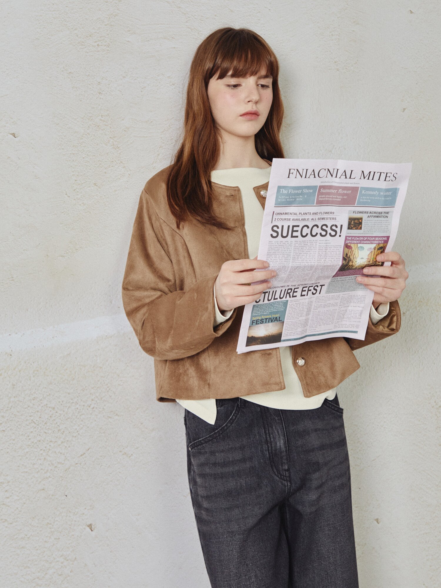 페이크 스웨이드 라운드넥 크롭 재킷 (KHAKI)