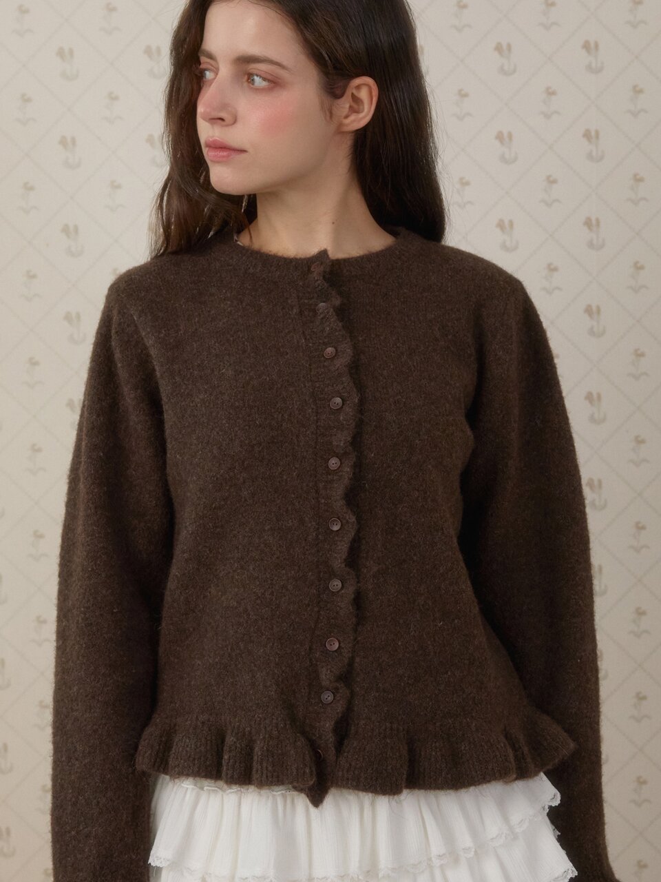 FROST FRILL KNIT CARDIGAN_BROWN