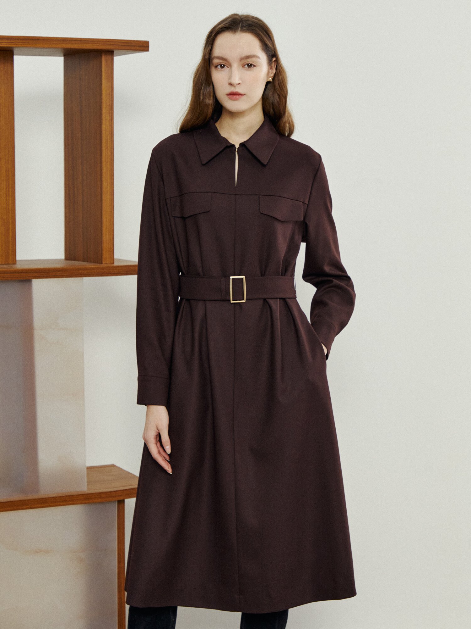 울 블렌드 헤링본 싱글 칼라 원피스 (DARK BROWN)