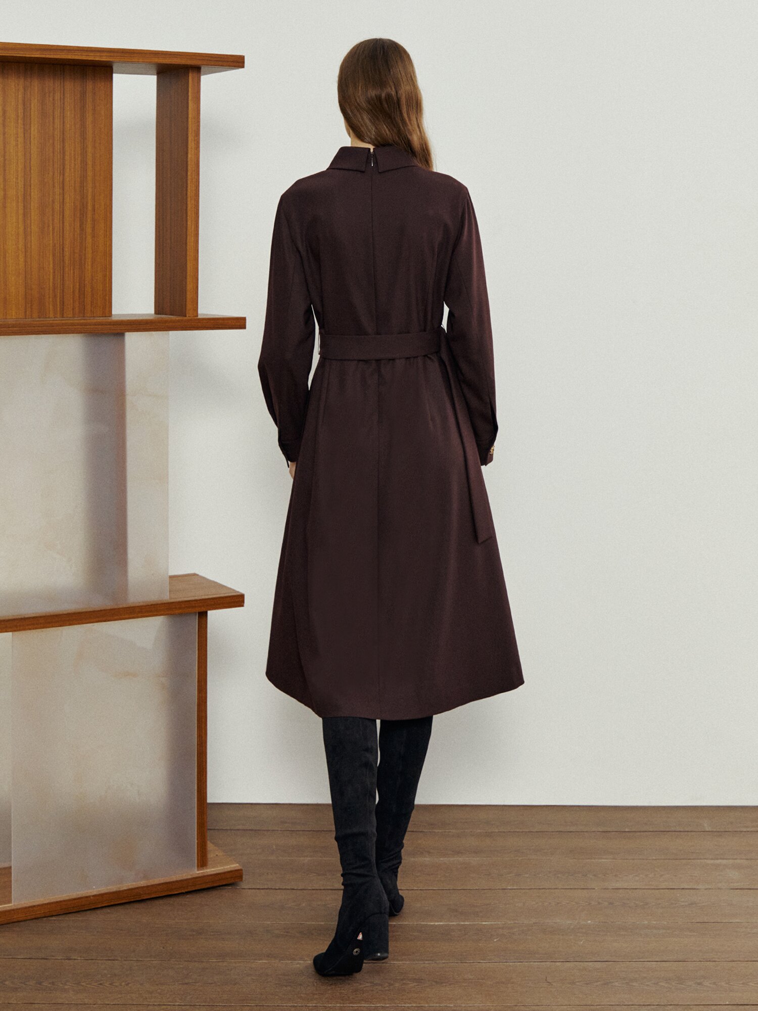 울 블렌드 헤링본 싱글 칼라 원피스 (DARK BROWN)