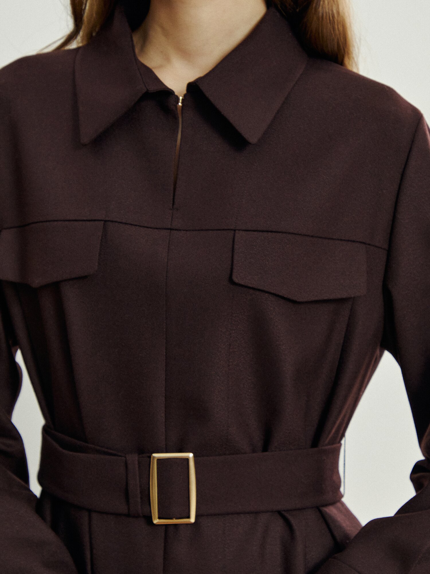 울 블렌드 헤링본 싱글 칼라 원피스 (DARK BROWN)