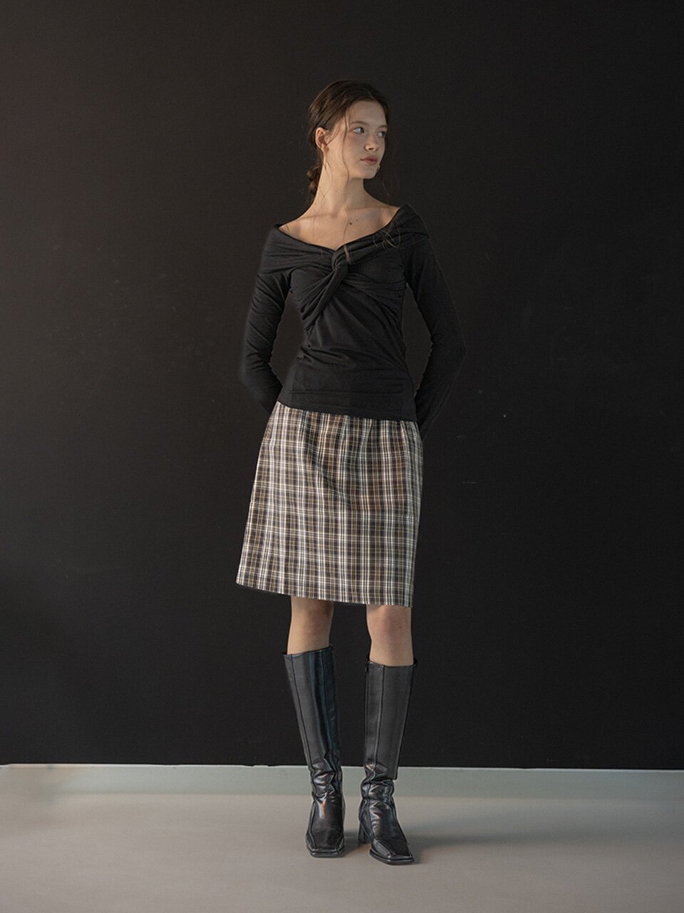WD_Plaid straight skirt_BLACK