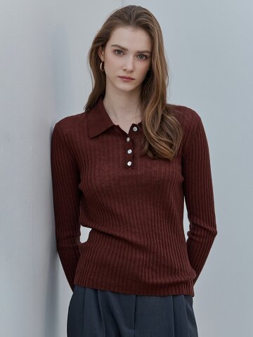 [케이미에르] 글리터 믹스 리브드 카라 버튼 니트