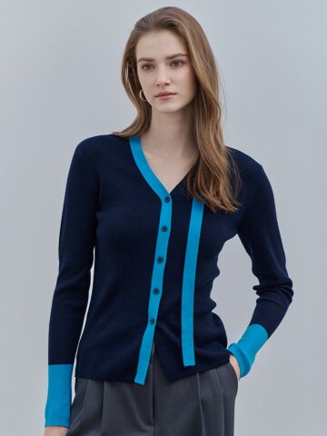 [케이미에르] 배색 포인트 브이넥 버튼 타이 가디건