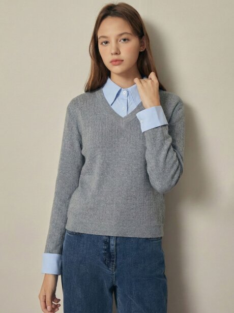 셔츠 칼라 레이어드 풀오버 니트 