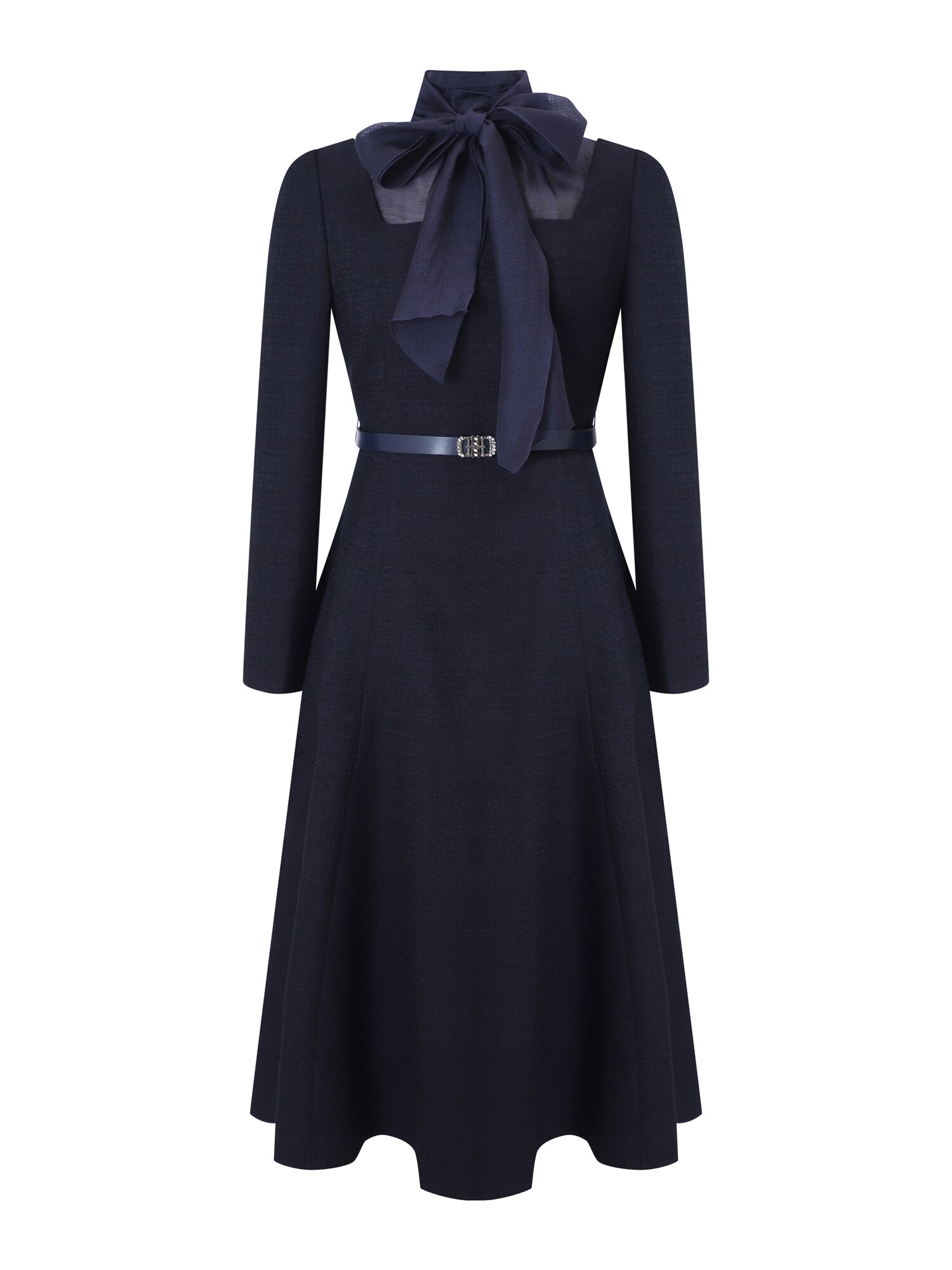 시스루 배색 플레어 롱 원피스 (NAVY)