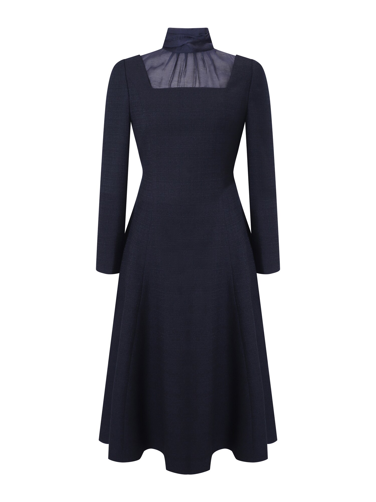 시스루 배색 플레어 롱 원피스 (NAVY)