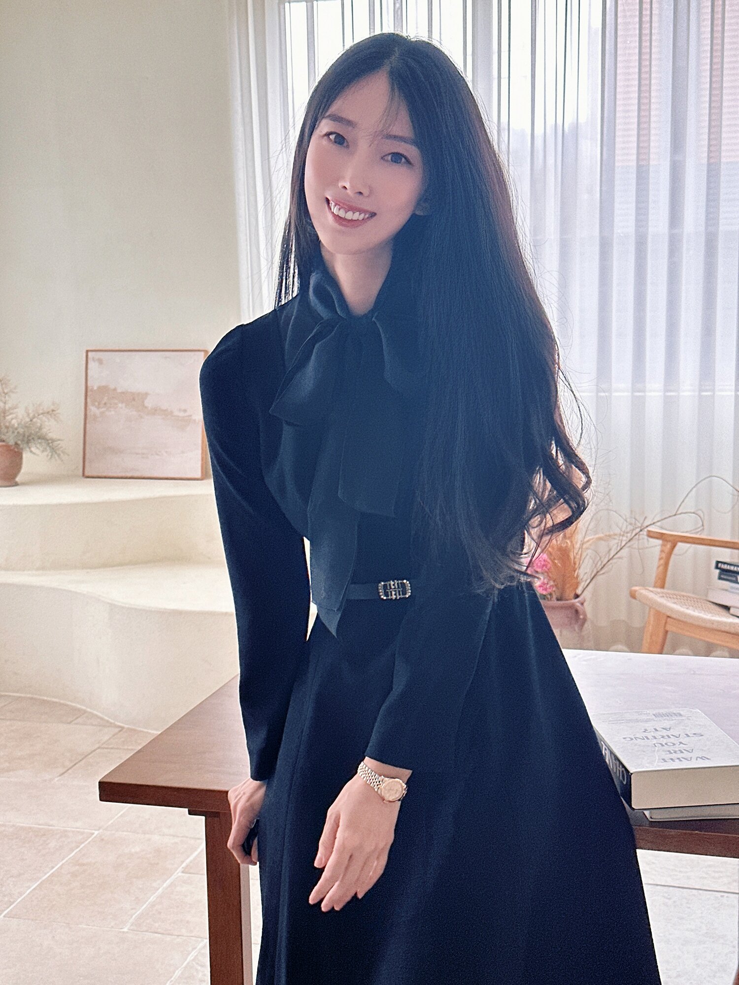 시스루 배색 플레어 롱 원피스 (NAVY)