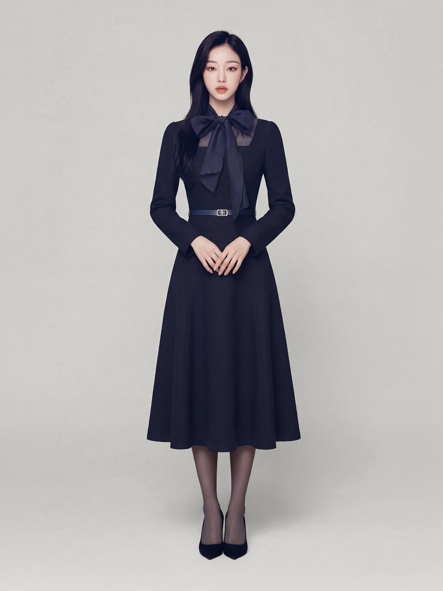 시스루 배색 플레어 롱 원피스 (NAVY)