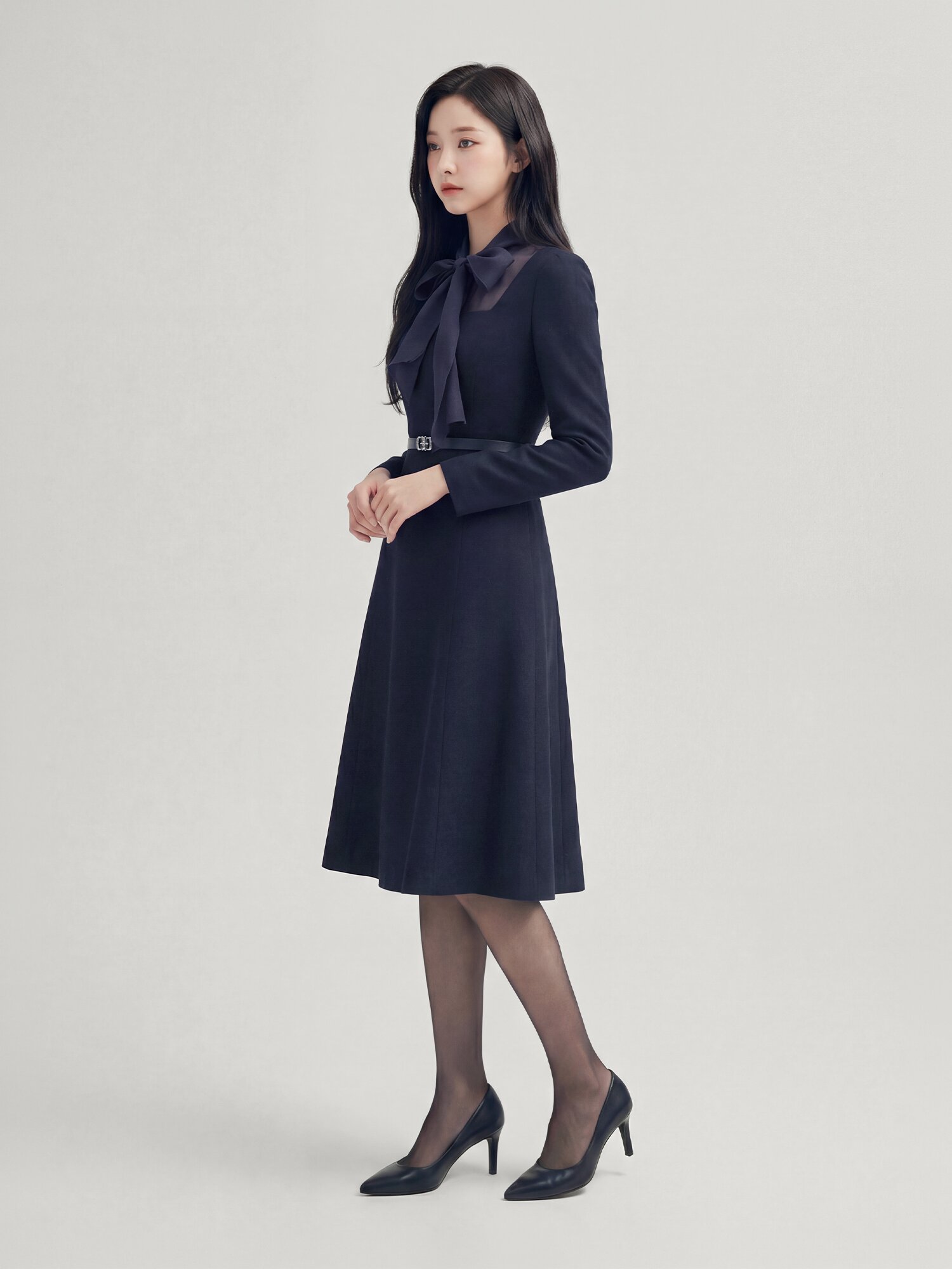 시스루 배색 플레어 롱 원피스 (NAVY)