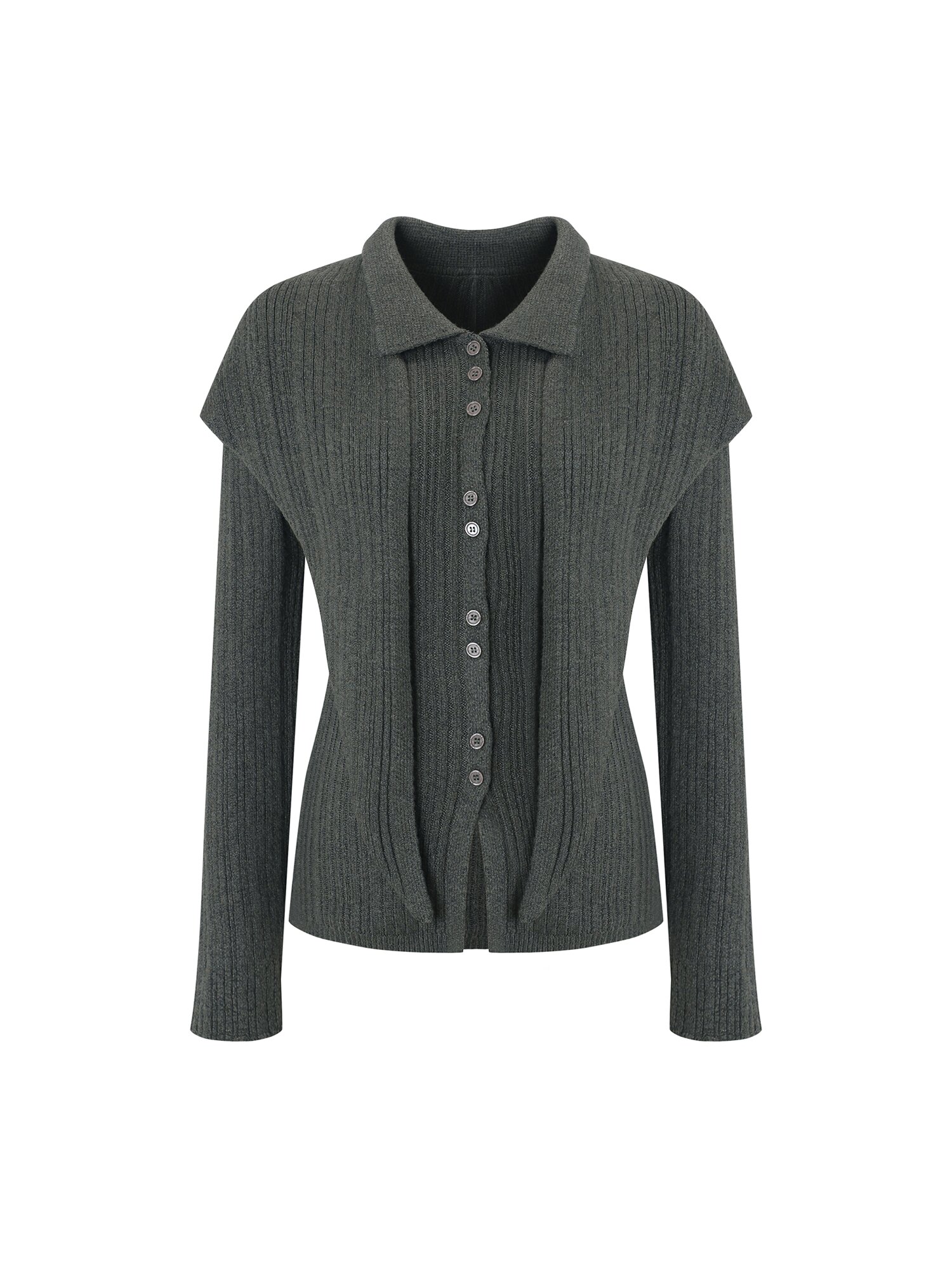 스카프 레이어드 칼라넥 니트 카디건 (KHAKI)