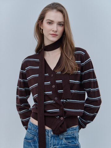 [케이미에르] 스트라이프 V넥 버튼 타이 가디건