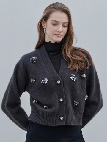 [케이미에르] 비즈 포인트 V넥 니트 가디건