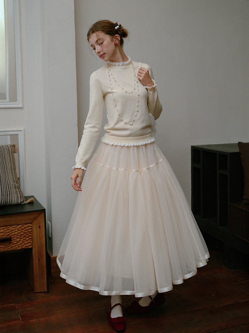 Cest_Soft ruffle knit top_CREAM