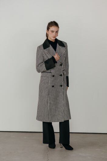 블랙 체크 더블 브레스트 롱 코트