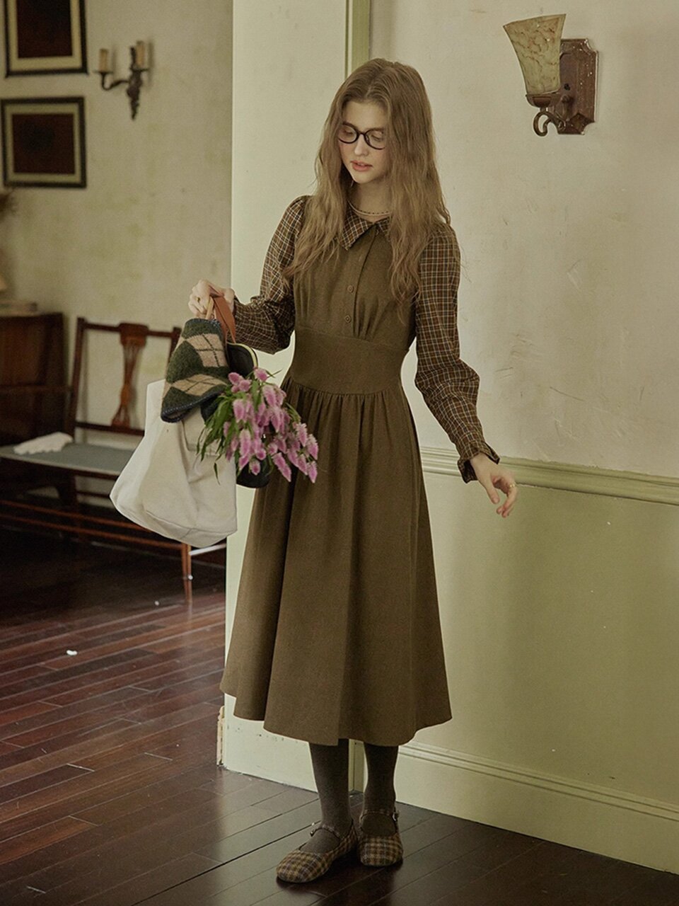 PM_Plaid shirt fake two-piece dress