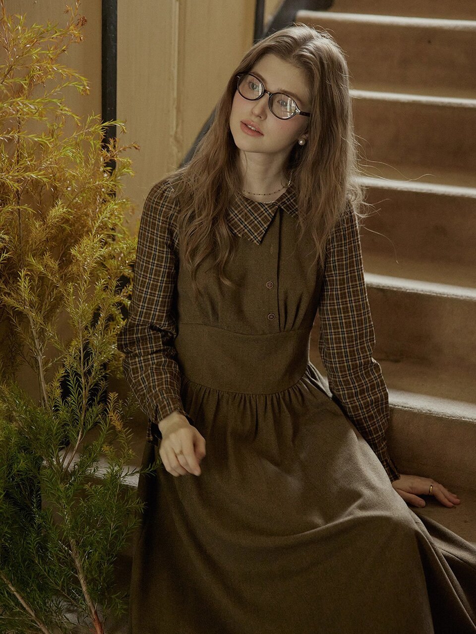 PM_Plaid shirt fake two-piece dress