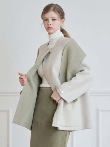 R-NECK LOOSE FIT WOOL COAT + MUFFLER_cream