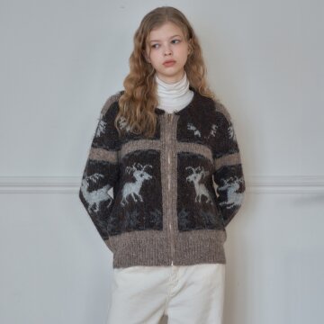 NORDIC MOUSSE JACQUARD ZIP-UP KNITWEAR_Brown