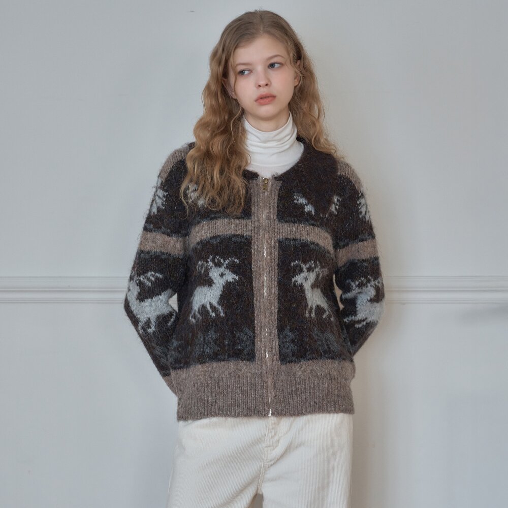NORDIC MOUSSE JACQUARD ZIP-UP KNITWEAR_Brown