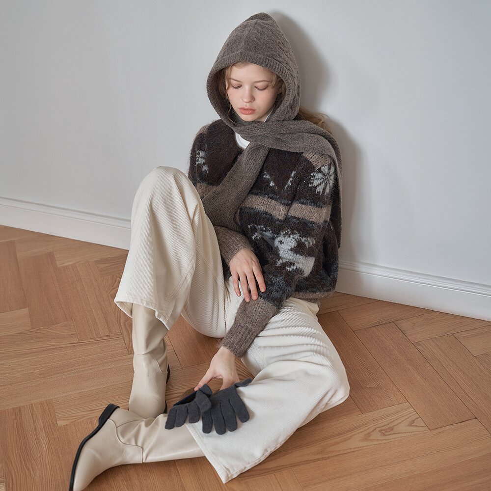 NORDIC MOUSSE JACQUARD ZIP-UP KNITWEAR_Brown