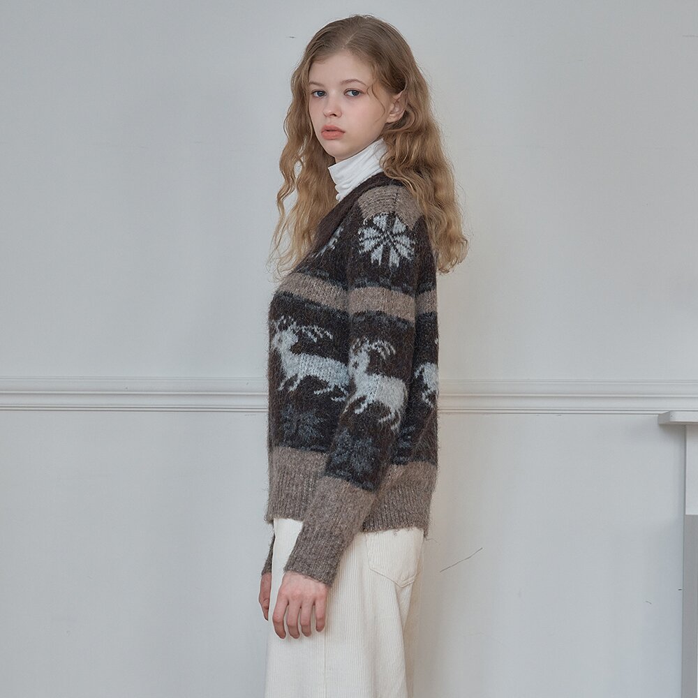 NORDIC MOUSSE JACQUARD ZIP-UP KNITWEAR_Brown