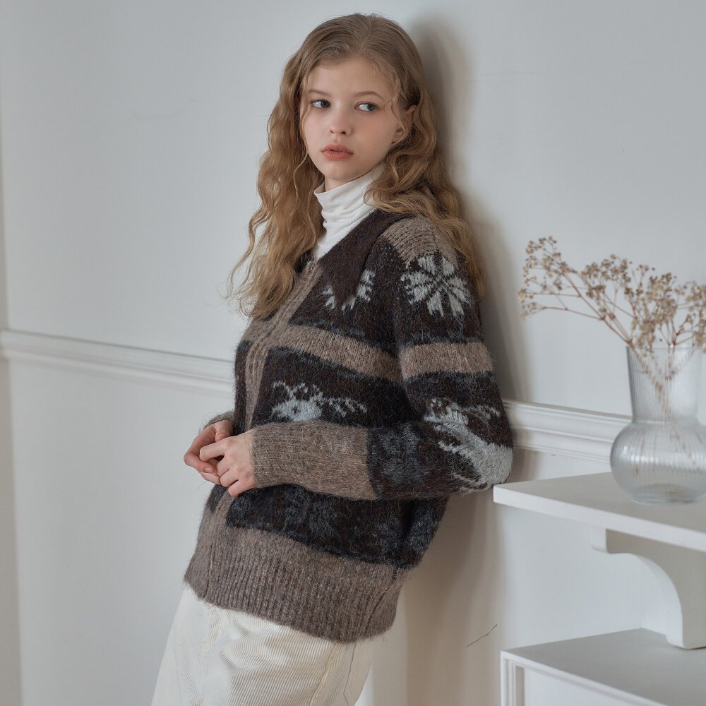 NORDIC MOUSSE JACQUARD ZIP-UP KNITWEAR_Brown