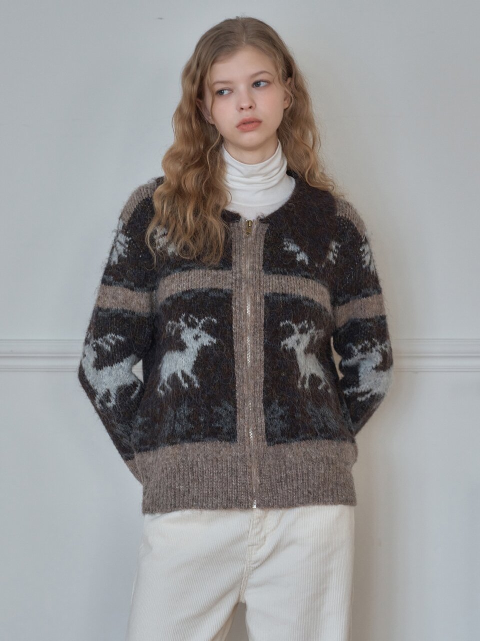 NORDIC MOUSSE JACQUARD ZIP-UP KNITWEAR_Brown