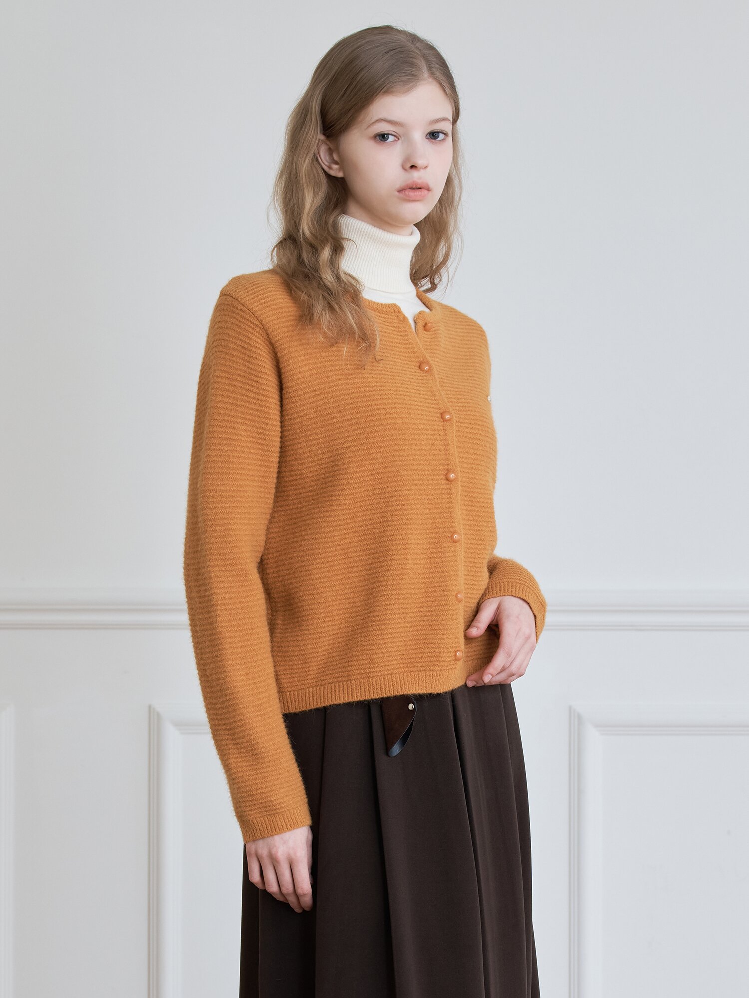 GARTER STITCH BUTTON CARDIGAN_Mustard