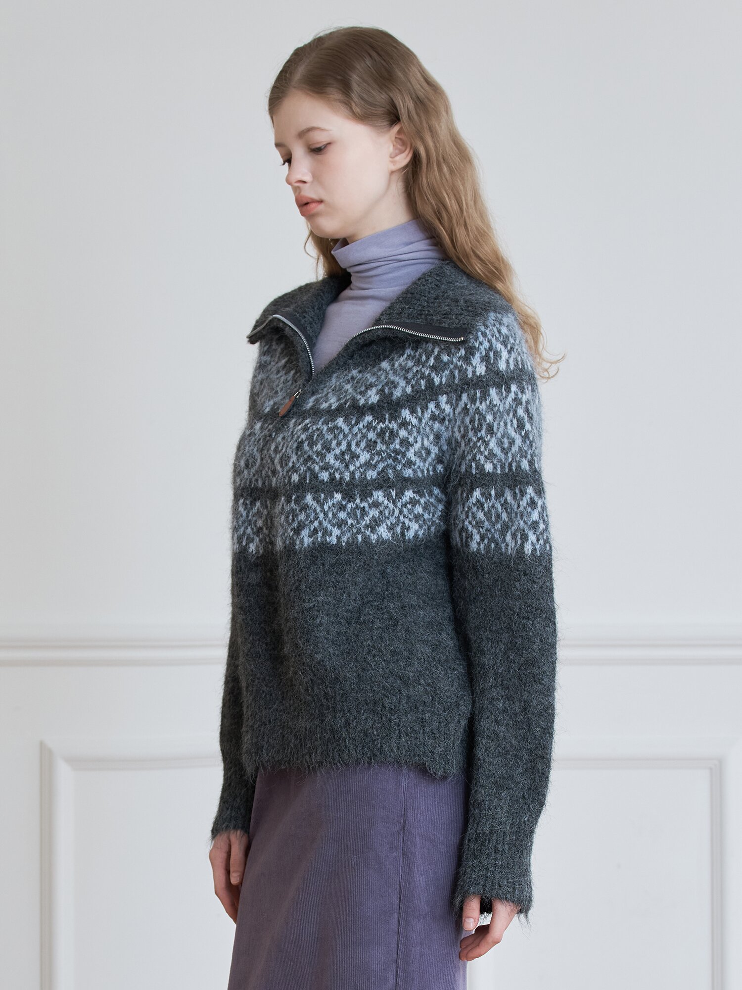 HALF-ZIP HIGH NECK JACQUARD KNIT_Dark Grey