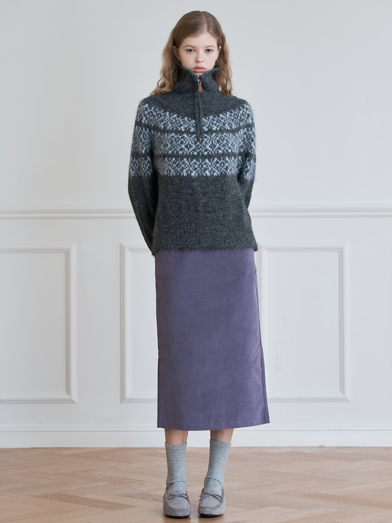 HALF-ZIP HIGH NECK JACQUARD KNIT_Dark Grey