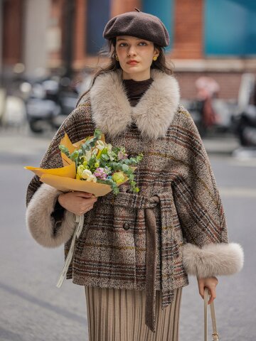 DA_Fur collar waist cape coat