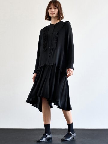 PLEATS COLLOR SHIRRING DRESS_BK