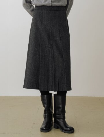 울 블렌드 해링본 플리츠 롱스커트 CHARCOAL