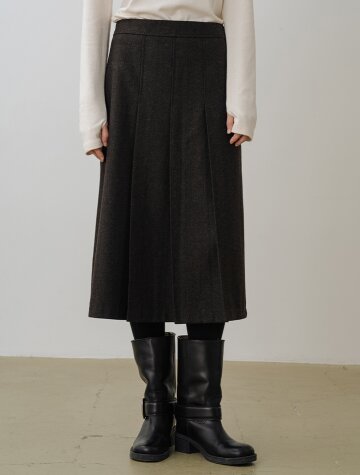울블렌드 해링본  플리츠 롱스커트 BROWN