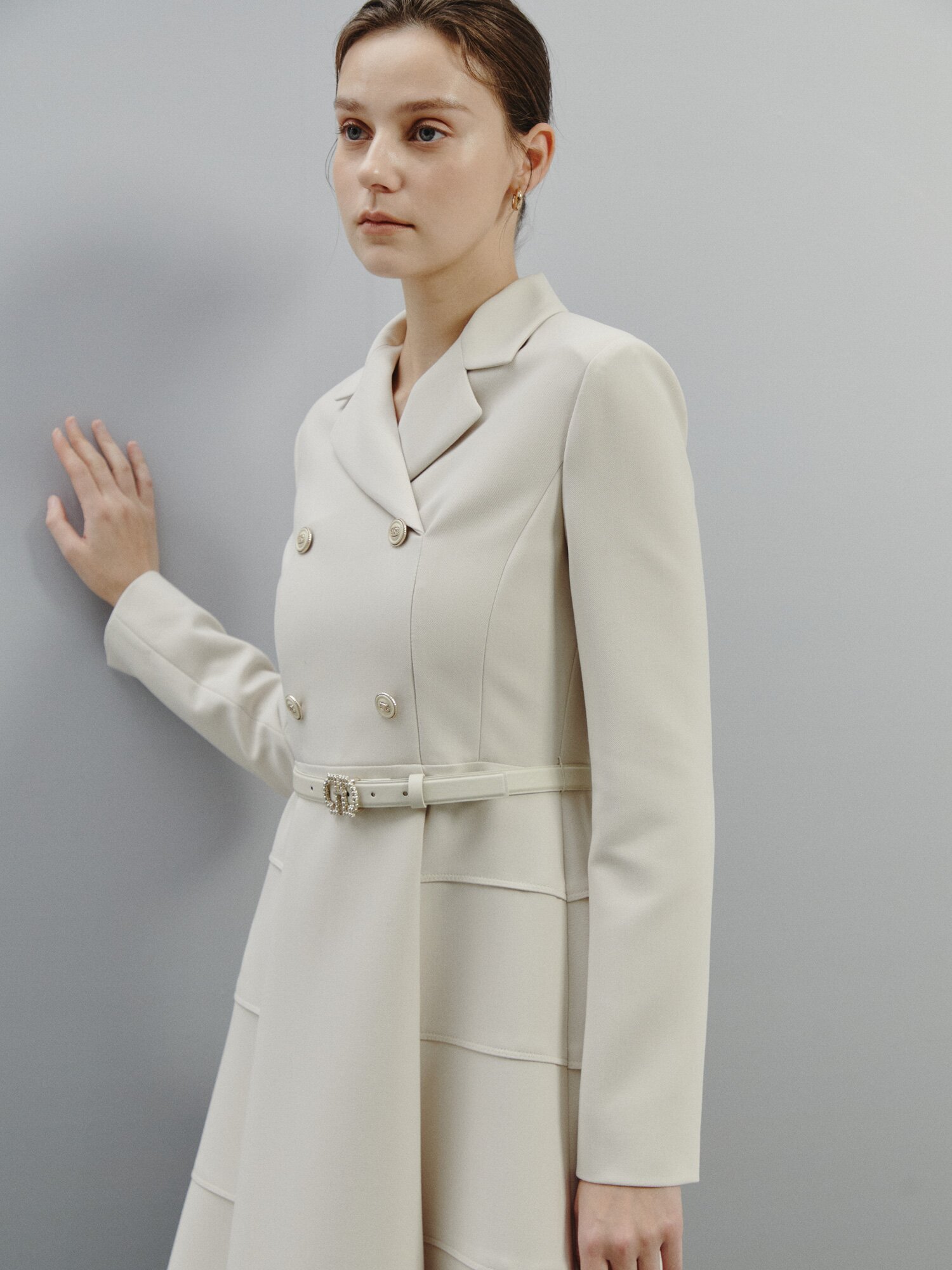 더블 버튼 클래식 플레어 드레스 (LIGHT BEIGE)