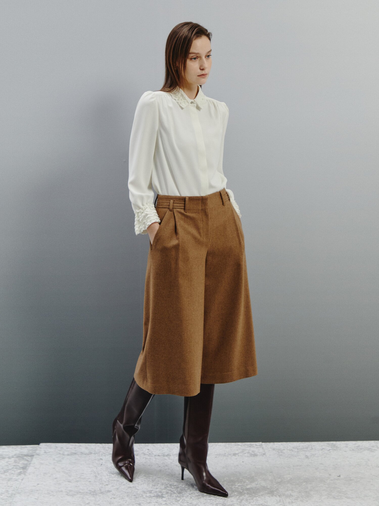 울 블렌드 하프 와이드 팬츠 (CAMEL)