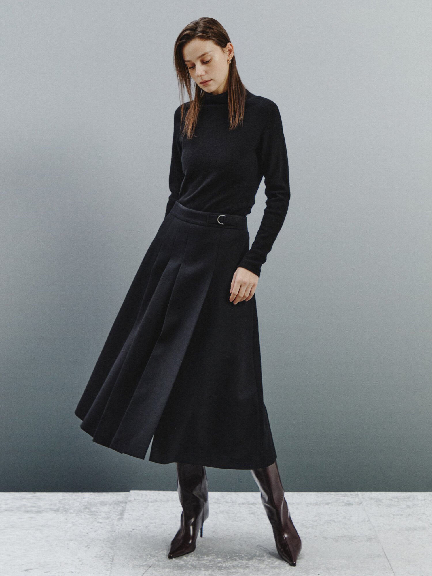 소프트 울 믹스 플리츠 스커트 (BLACK)