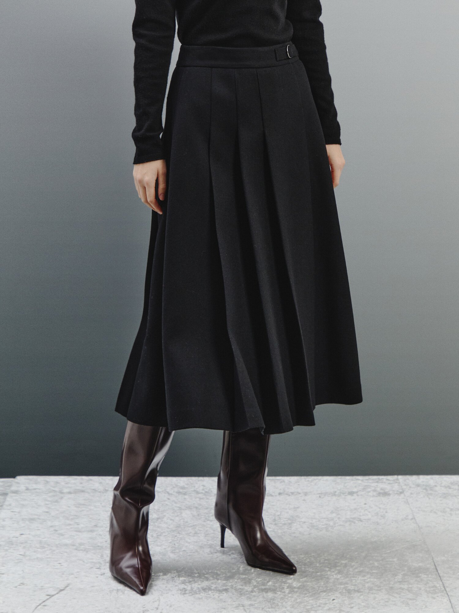 소프트 울 믹스 플리츠 스커트 (BLACK)