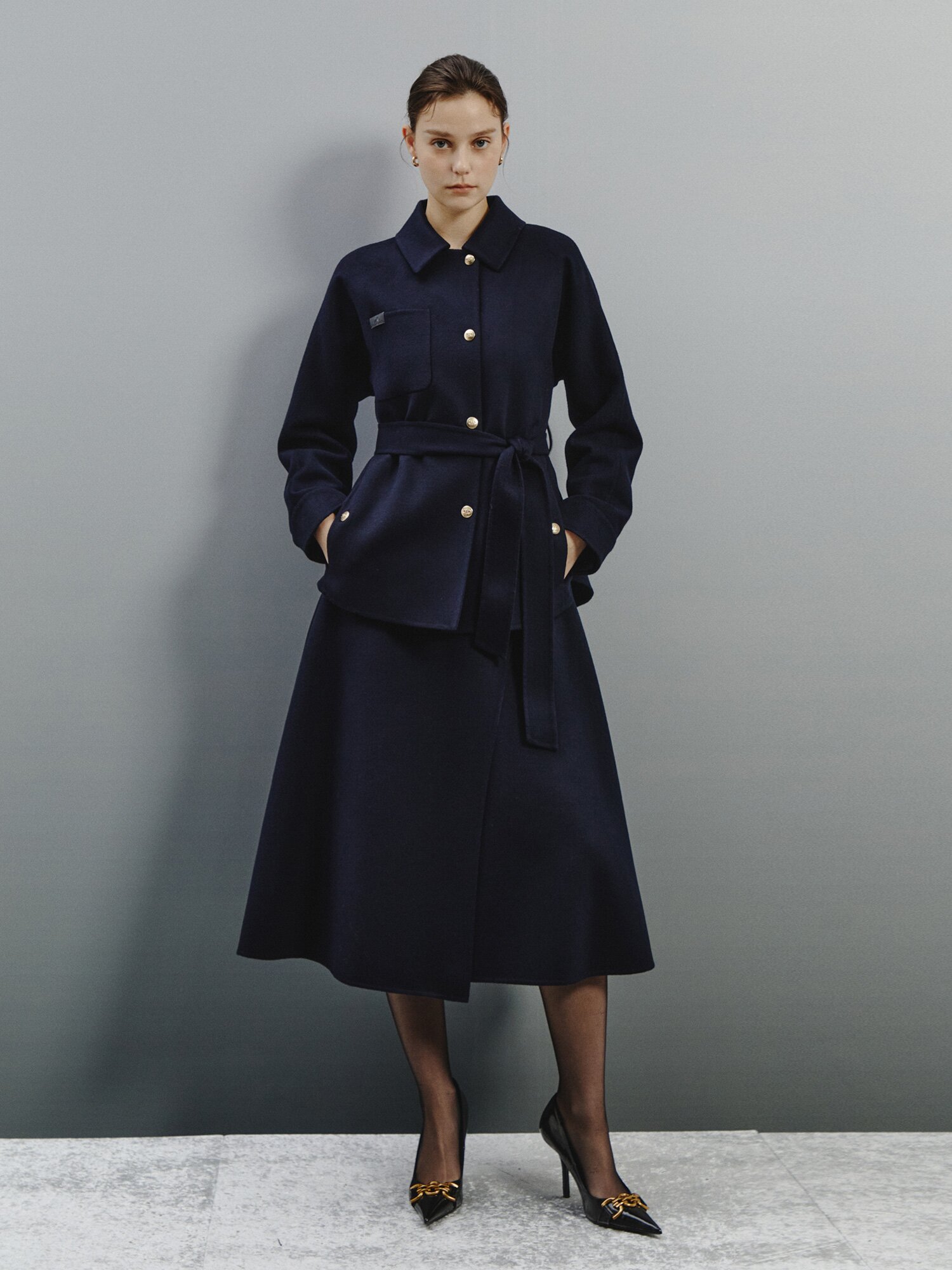 랩 스타일 포인트 울 믹시 스커트 (DARK NAVY)