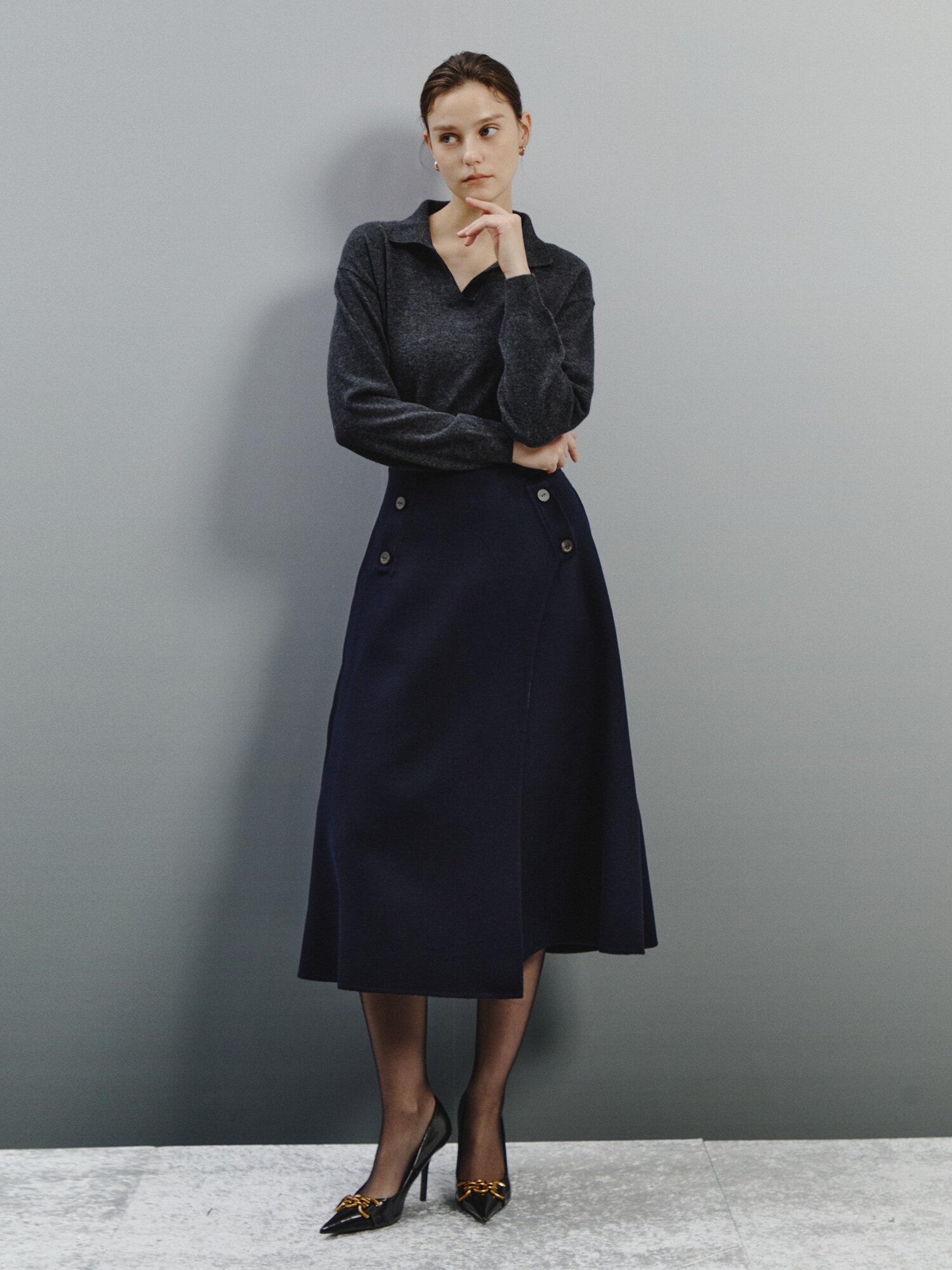 랩 스타일 포인트 울 믹시 스커트 (DARK NAVY)