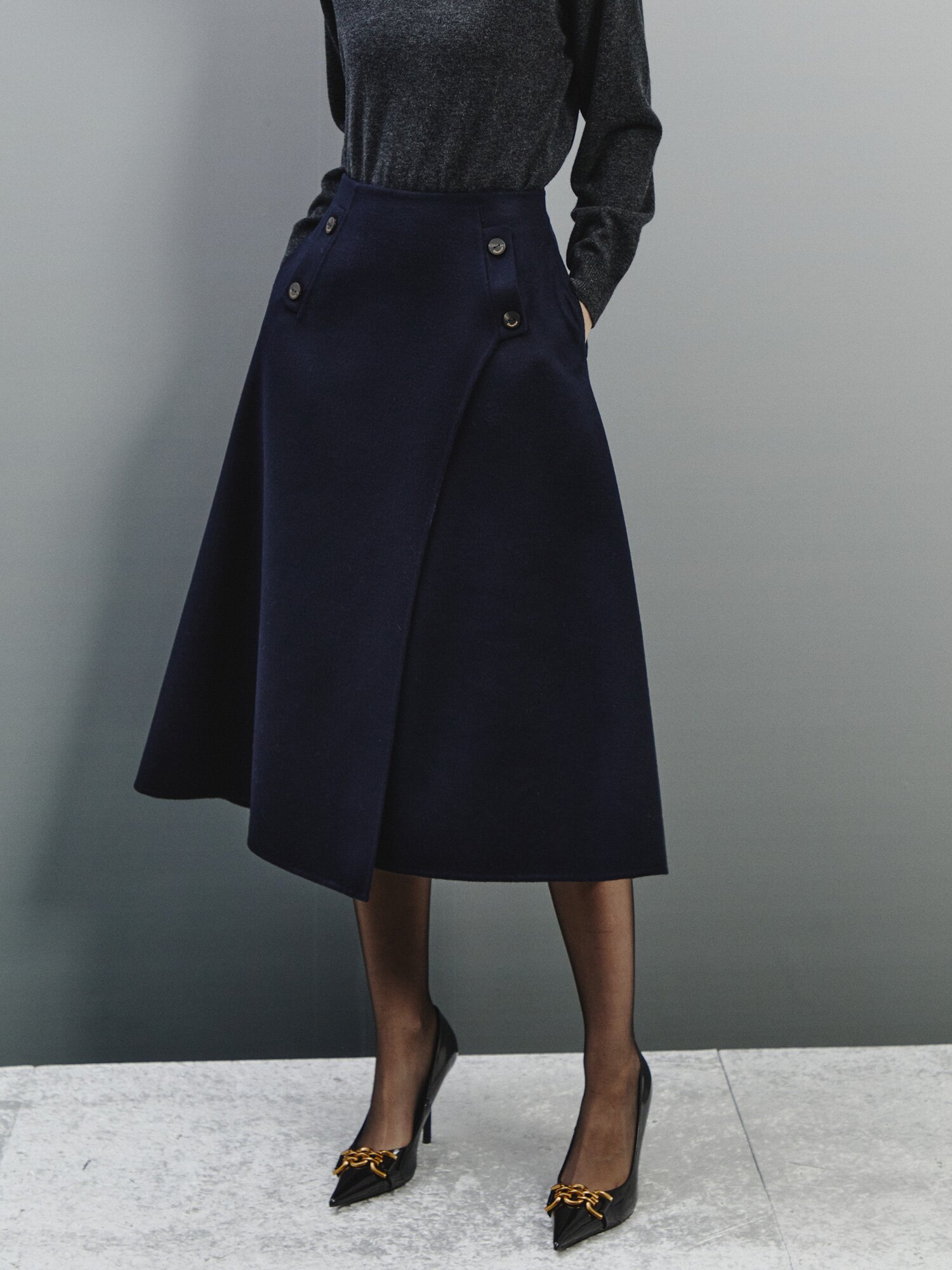 랩 스타일 포인트 울 믹시 스커트 (DARK NAVY)