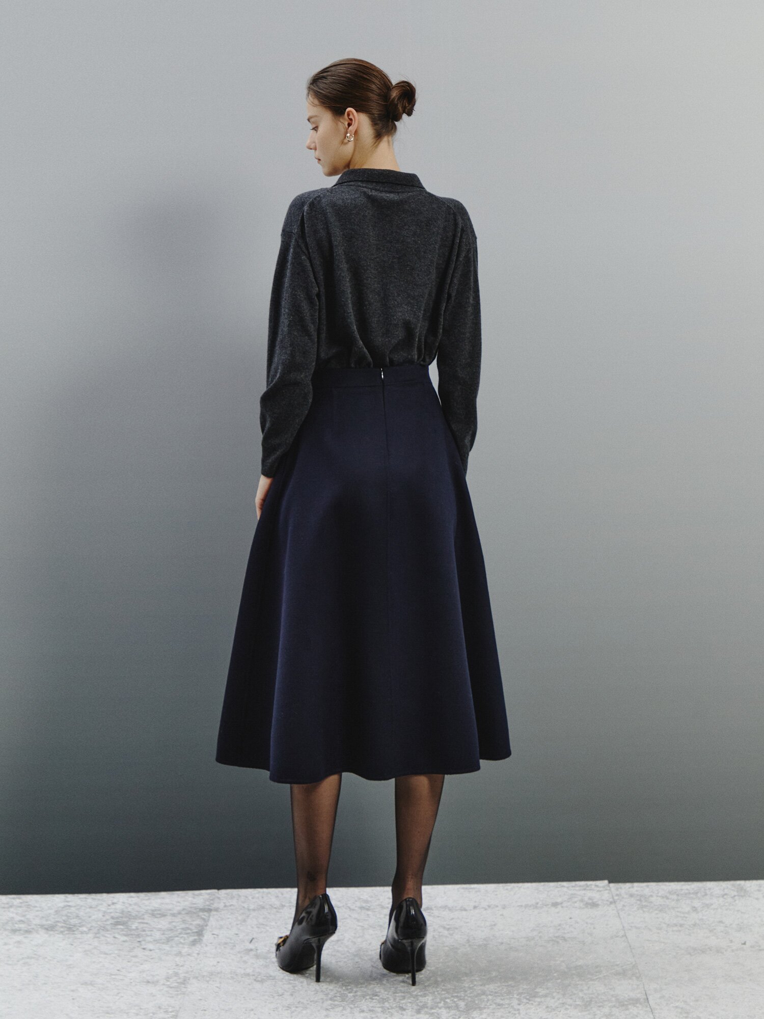 랩 스타일 포인트 울 믹시 스커트 (DARK NAVY)