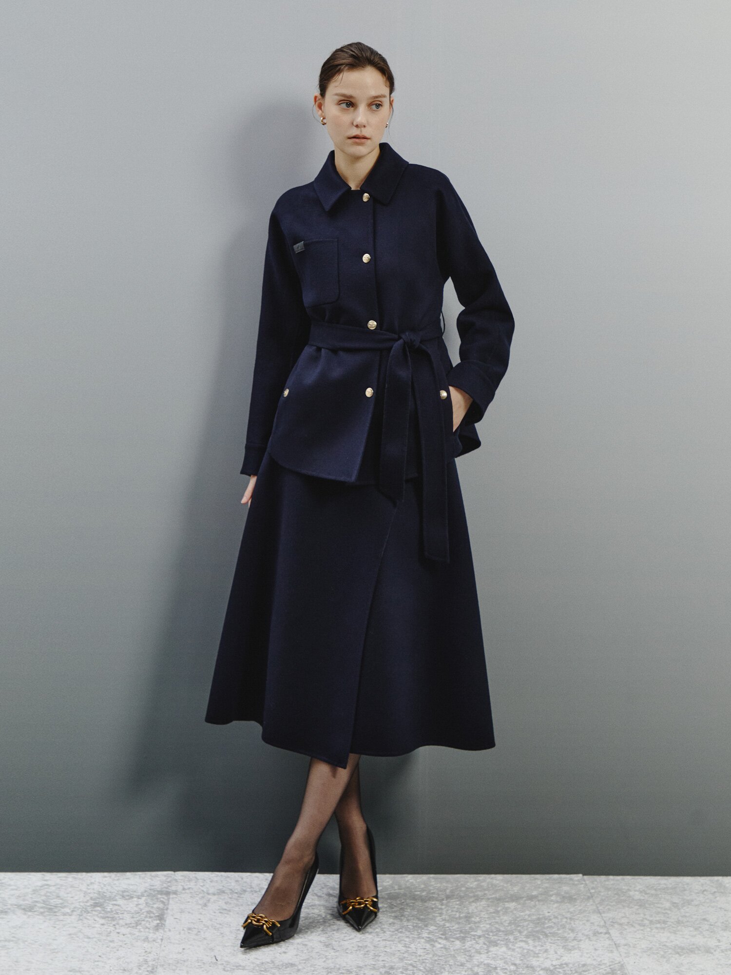 랩 스타일 포인트 울 믹시 스커트 (DARK NAVY)