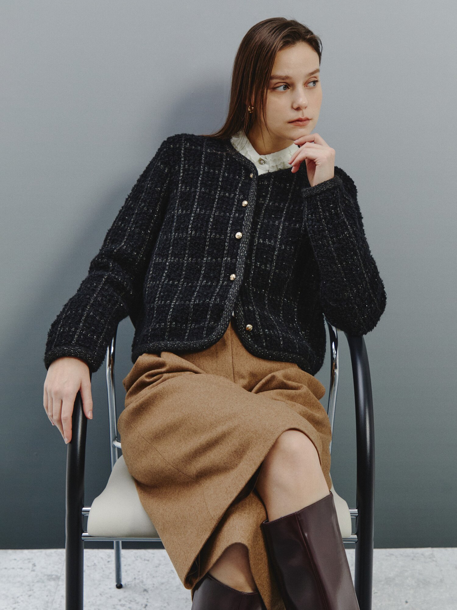 클래식 체크 트위드 카디건 (BLACK)