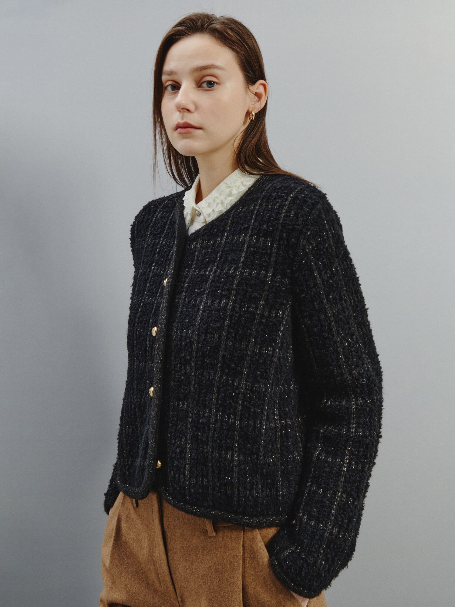 클래식 체크 트위드 카디건 (BLACK)