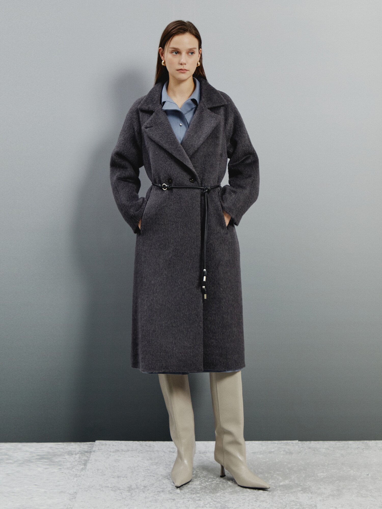 헤어리 텍스처 스트랩 소프트 울 코트 (DARK GREY)