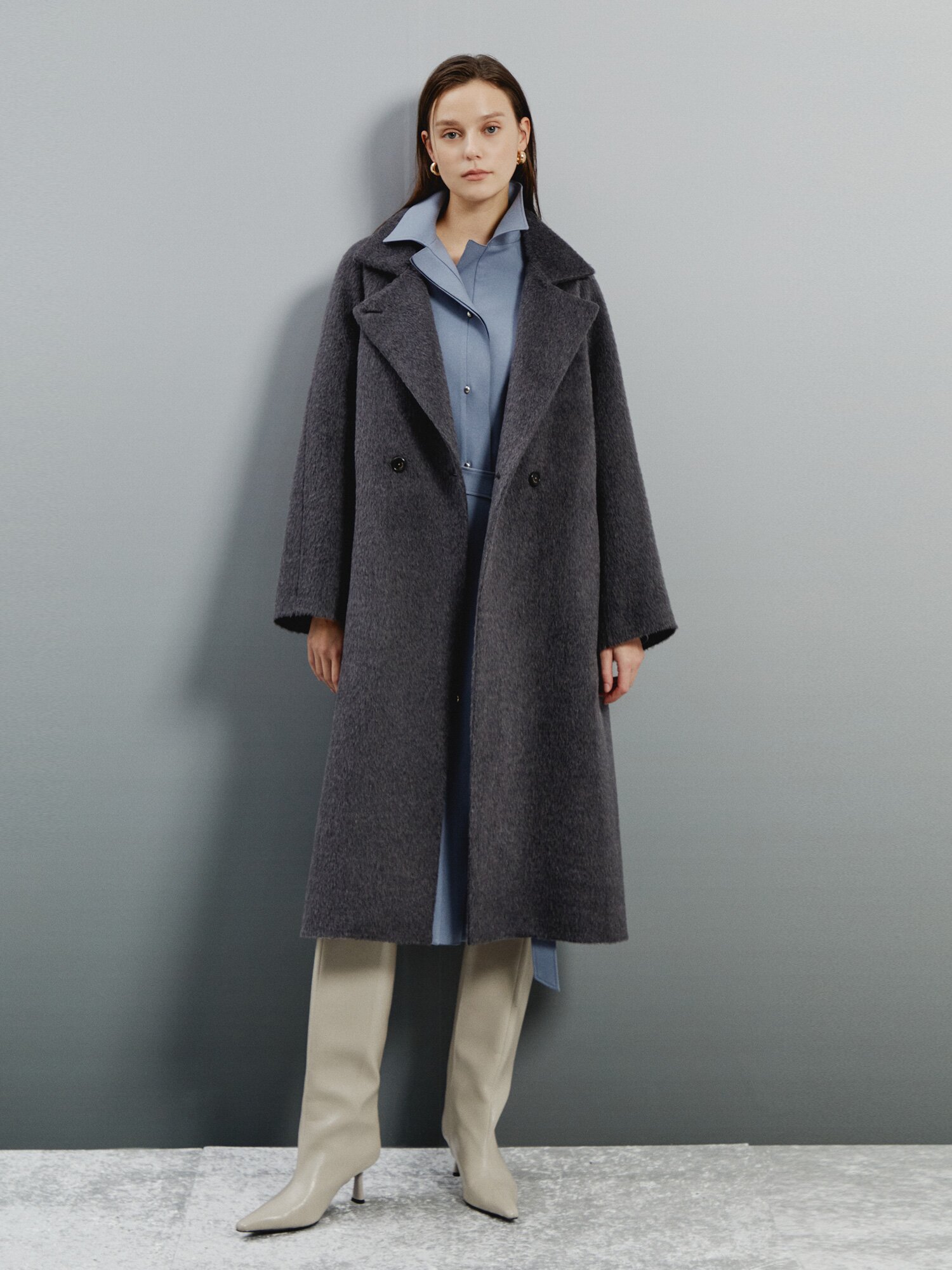 헤어리 텍스처 스트랩 소프트 울 코트 (DARK GREY)